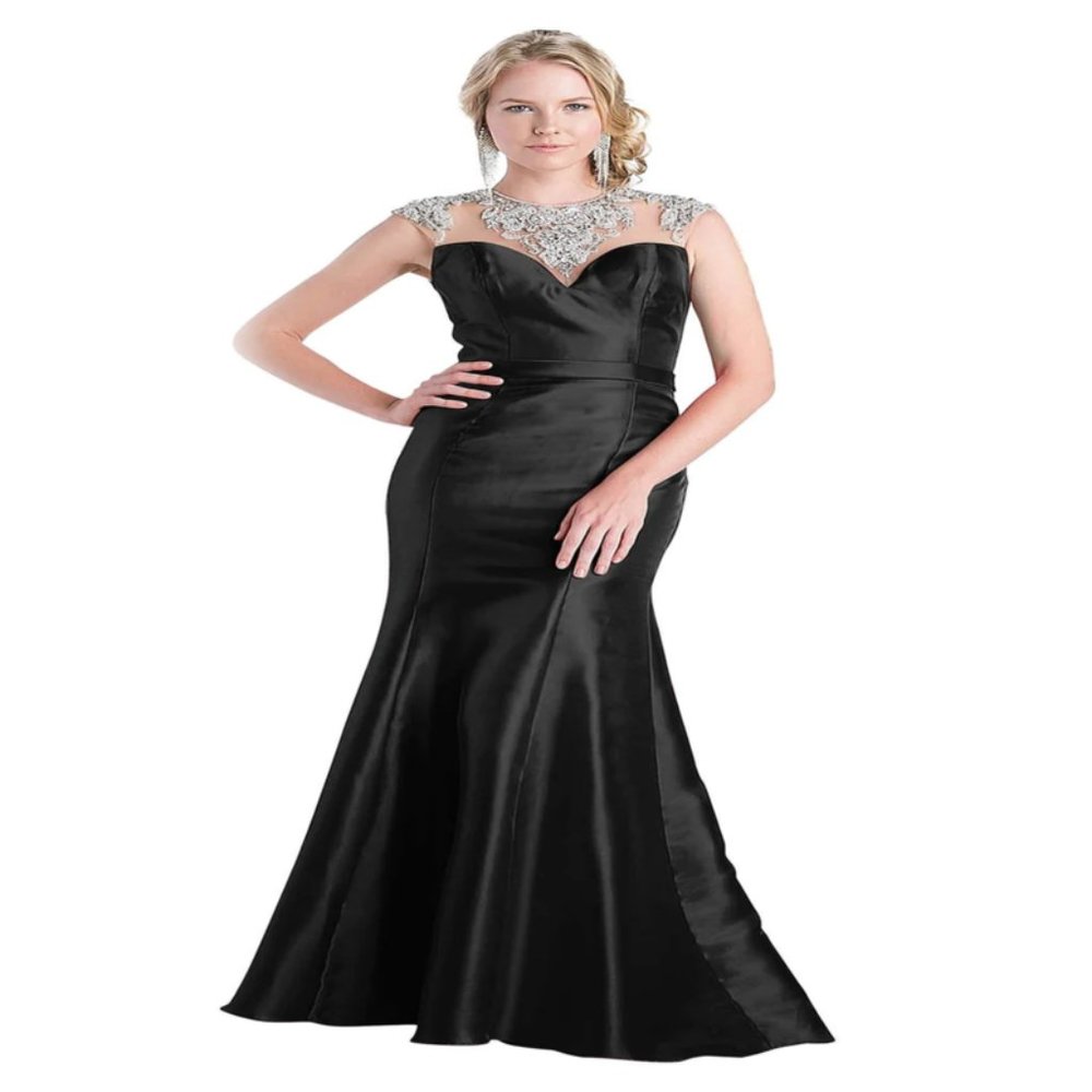Cinderella Divine - Jewel Illusion Neckline Trumpet Dress CJ221 - Black